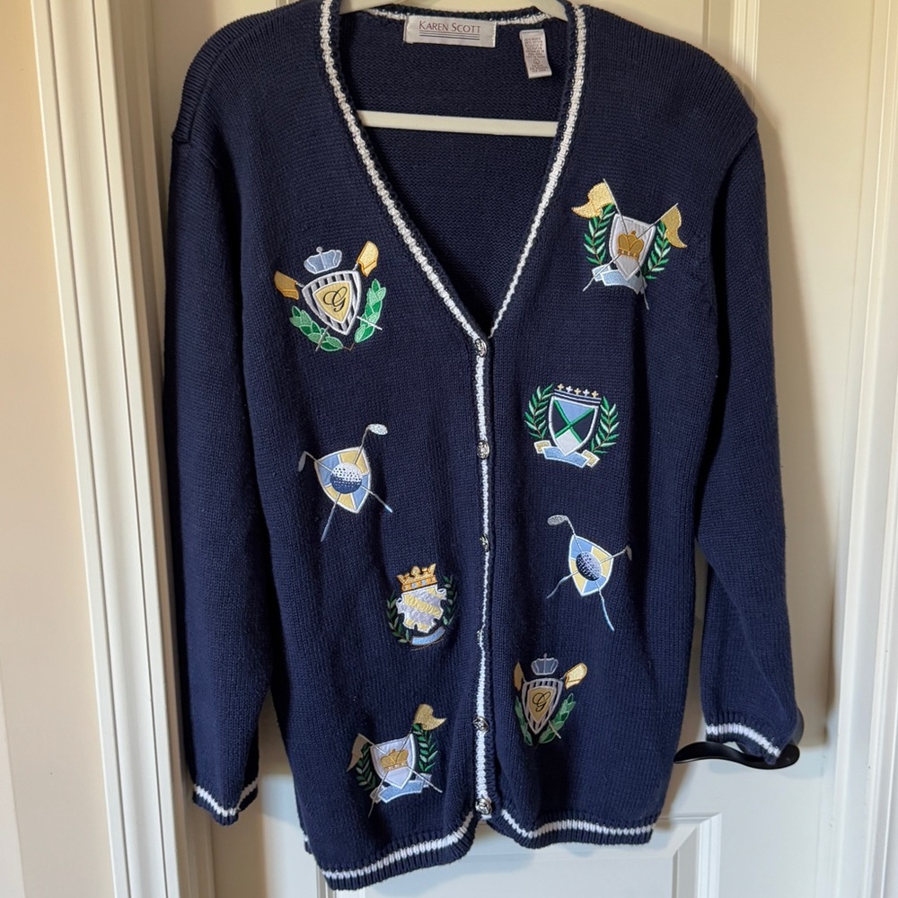 Vintage Preppy Golf Crest Knit Cardigan Sweater